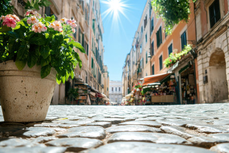 Colorful flowers in a cobblestone street in a sunny italian townの素材