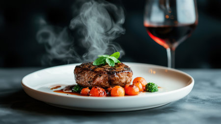 Sizzling steak dish with steaming vegetables and red wineの素材