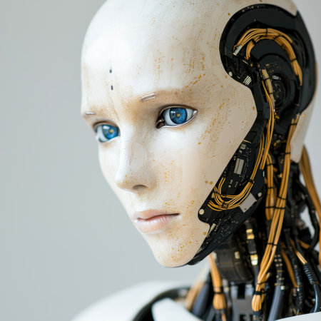 futuristic robot face with glowing blue eyesの素材