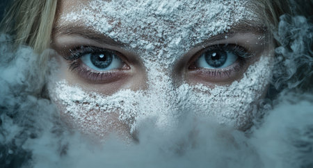 Mysterious woman's face covered in snowの素材