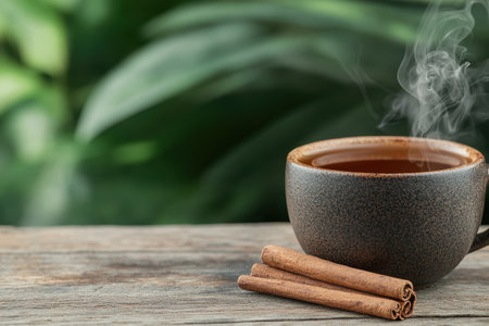 Steaming hot cup of tea with cinnamon sticksの素材