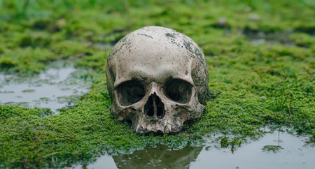 Weathered skull in moss-covered forestの素材
