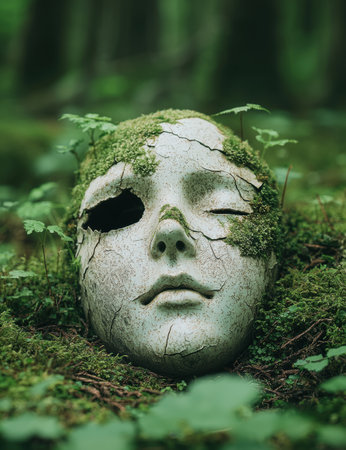 Weathered skull in moss-covered forestの素材