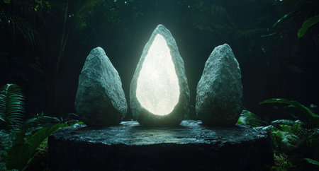 Mystical glowing crystal formation in lush jungleの素材