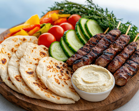 Delicious grilled meat skewers with fresh vegetables and pita breadの素材