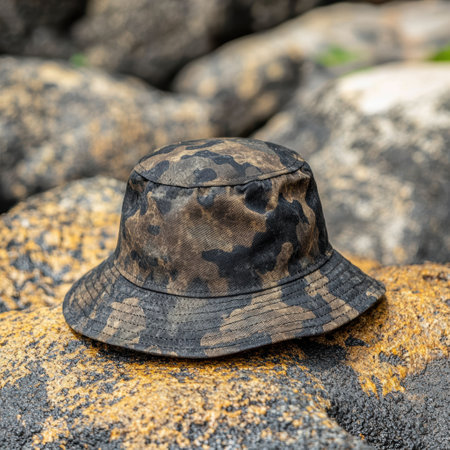 camouflage bucket hat on rocky terrainの素材