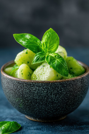 Fresh basil leaves in a ceramic bowlの素材