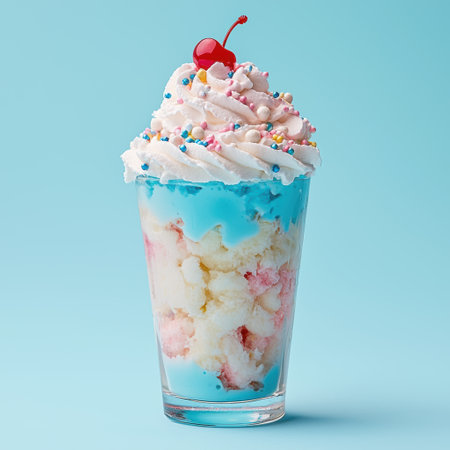 colorful ice cream sundae dessert with whipped cream and cherryの素材