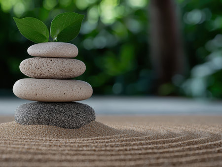 Stacked stones with green leaves in zen gardenの素材