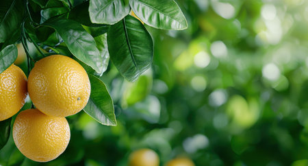Ripe citrus fruit hanging on tree branch with green leavesの素材