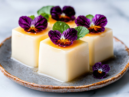 Elegant dessert with edible flowersの素材