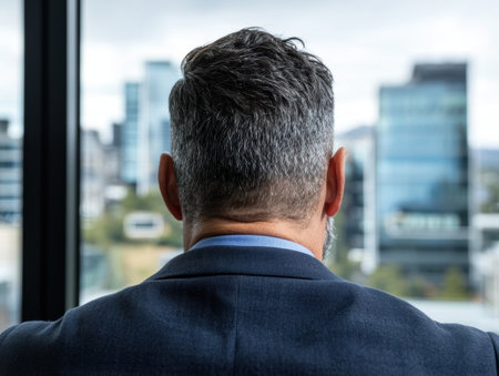 Businessman looking out of office windowの素材