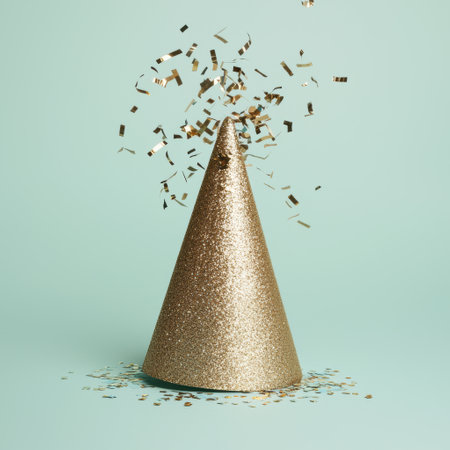 Sparkling gold party hat with confettiの素材