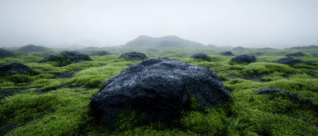Misty mountain landscape with lush green moss-covered rocksの素材