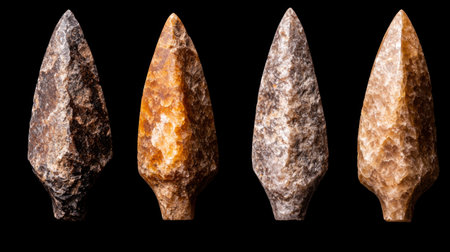 Prehistoric stone tools on black backgroundの素材