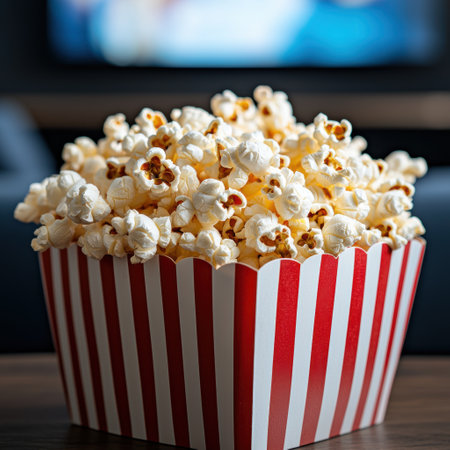 Freshly popped popcorn in a striped red and white boxの素材
