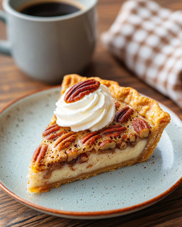 Delicious pecan pie slice with whipped creamの素材