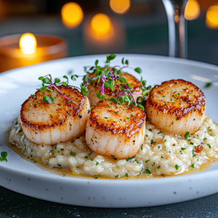 Seared scallops with risotto and microgreensの素材