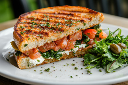 Delicious grilled sandwich with tomatoes and greensの素材