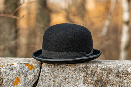 Vintage black bowler hat on a stone wallの素材
