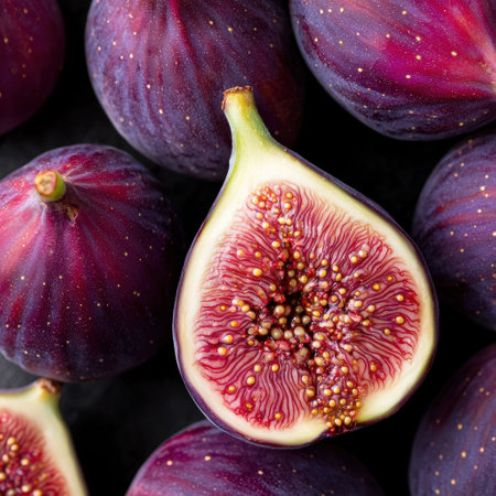 Vibrant close-up of a halved fig with intricate patternsの素材