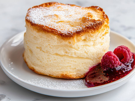 Delicious homemade cheesecake with powdered sugar and raspberriesの素材