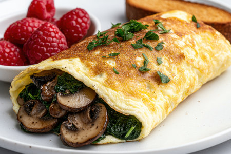 Delicious mushroom and spinach omelet with fresh strawberriesの素材