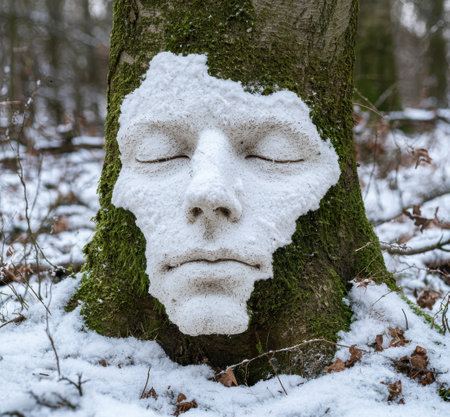 Snowy face carved into tree trunkの素材