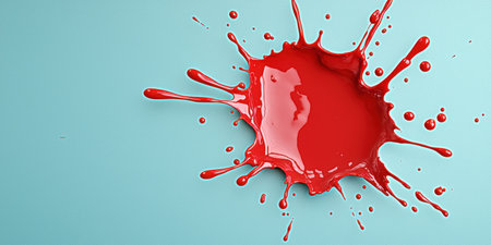 Vibrant red paint splash on turquoise backgroundの素材