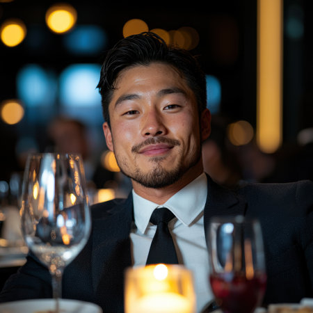 elegant asian man at formal dinner partyの素材