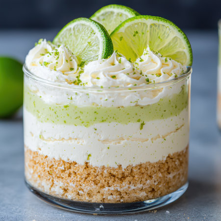 Creamy lime dessert with whipped cream and lime slicesの素材