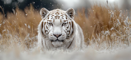 Majestic white tiger in snowy fieldの素材