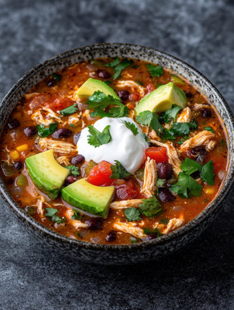 Hearty chicken chili with avocado and sour creamの素材