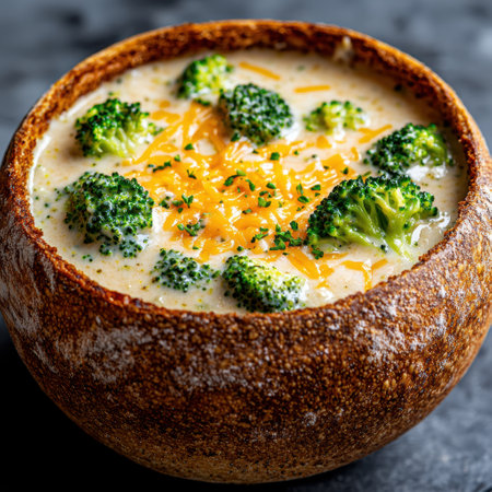 Creamy broccoli soup in a bread bowlの素材