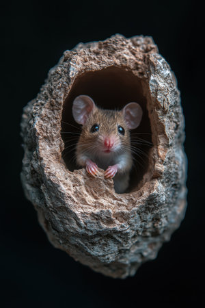 Curious mouse peeking out from rock creviceの素材