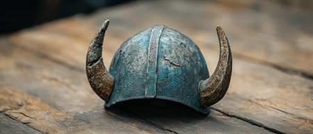 Ornate ancient helmet with horns on wooden surfaceの素材