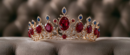 Ornate golden crown with red and blue gemstonesの素材
