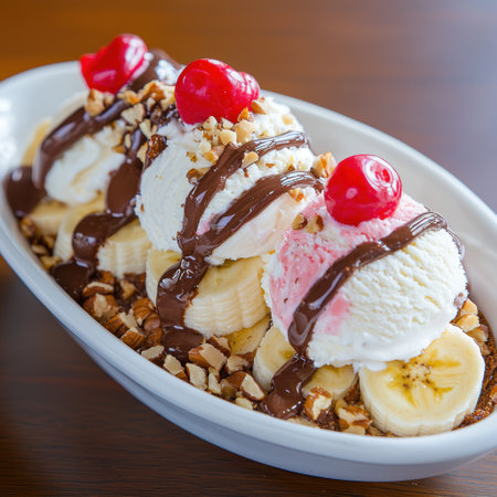 Delicious ice cream sundae with chocolate syrup and cherriesの素材