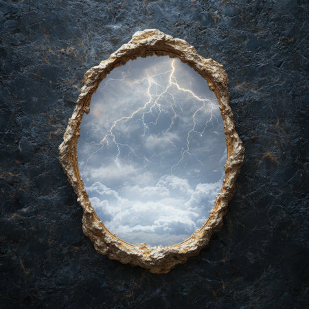 Dramatic sky reflected in a rugged stone frameの素材