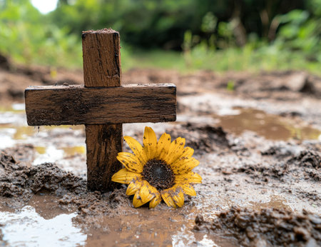 wooden cross and yellow sunflower in muddy fieldの素材