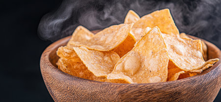 Delicious crispy tortilla chips in a wooden bowlの素材