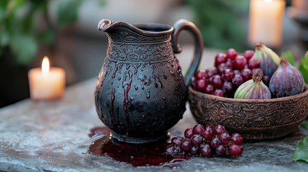 Rustic ceramic pitcher with spilled grape juice and fresh fruitの素材
