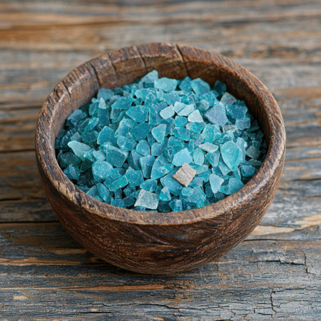 Turquoise crystals in a wooden bowlの素材