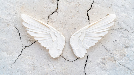 Angelic white wings on cracked concrete backgroundの素材