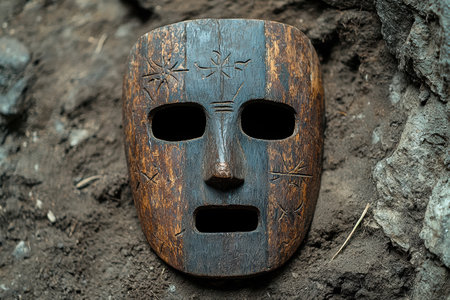 Weathered wooden mask with carved symbolsの素材
