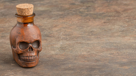 Spooky skull bottle with cork on stone backgroundの素材