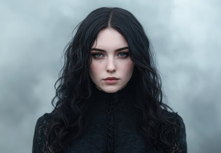 Mysterious woman with dark hair and intense gazeの素材