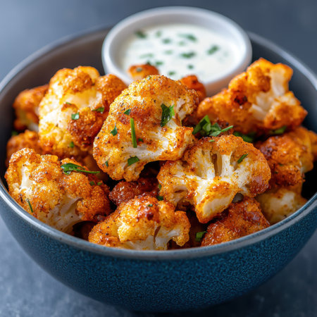 Delicious crispy fried cauliflower florets with creamy dipping sauceの素材