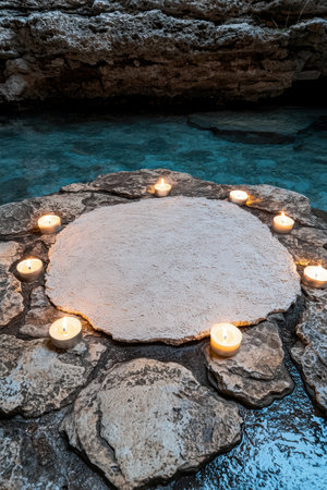 Serene rock pool with glowing candlesの素材