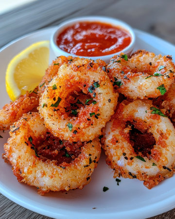 Crispy fried seafood with spicy dipping sauceの素材